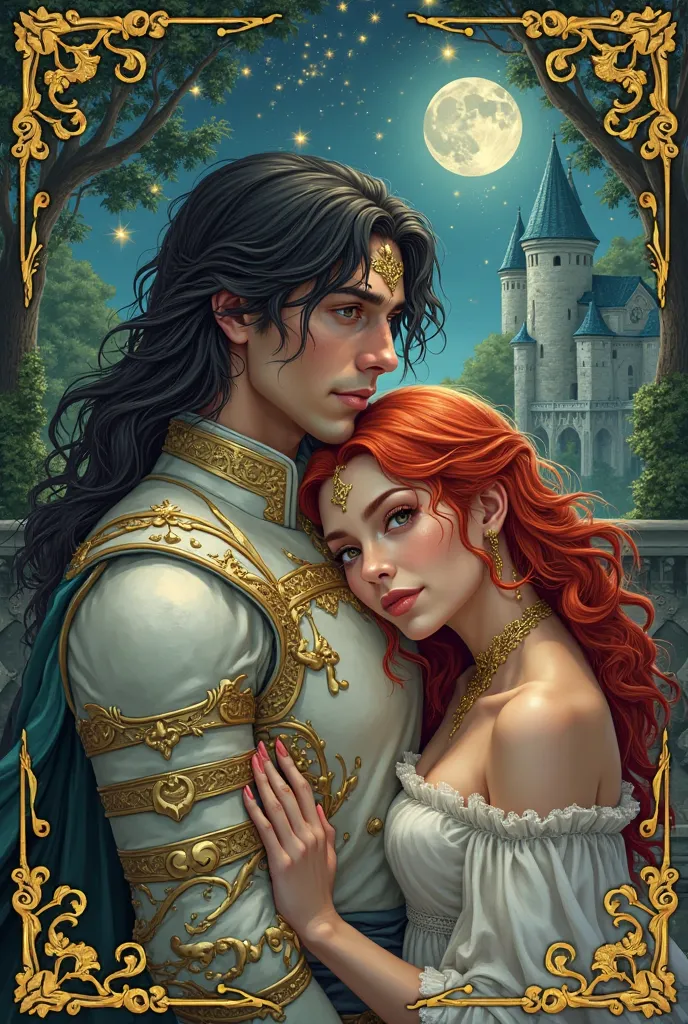 Create an image for the cover of a fantasy book, the cover image with gold and green borders the drawing in the center of the cover, and a mystical couple a man with a beautiful appearance black hair and a defined body with white and gold armor, the woman ...