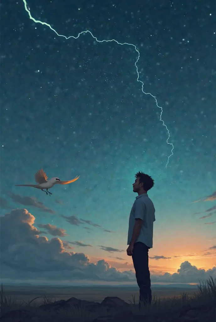 A man watches his bird soaring in the sky. When the stars of the night begin to shine brightly. Lightning flashes.