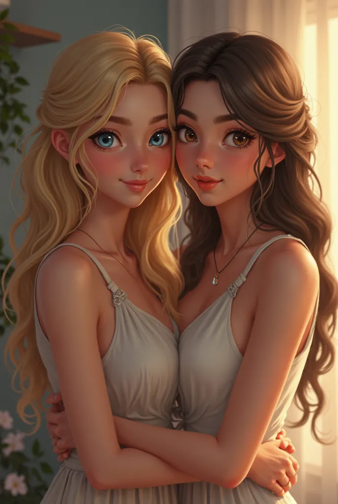 two grown girls hugging, one of them is a blonde with blue eyes and the other is a brunette with brown eyes