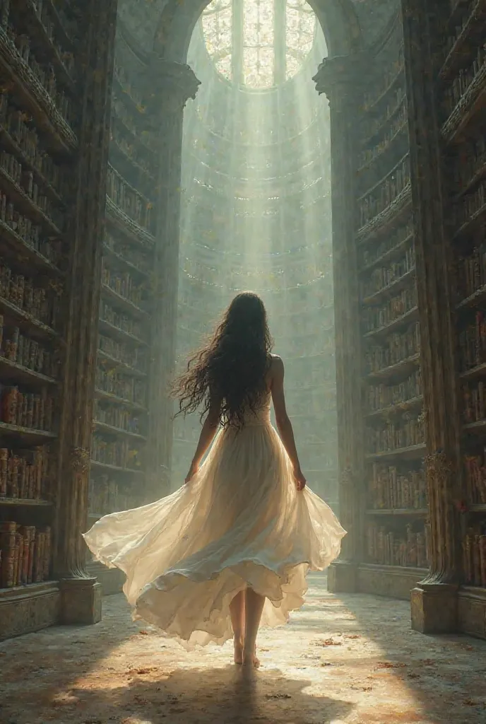 A slender woman with her white flowy dress. Her back is facing the screen with her dark hair in her back. She's in a vast and dark library.