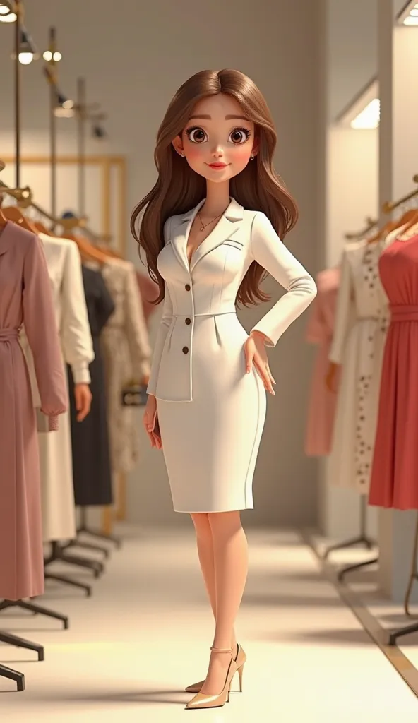 a realistic 3d cartoon.  beautiful 35-year-old woman, with fair skin, slightly chubby face,  Sharp nose, slightly narrow and round eyes, slightly thick lips, weighing about 58 kilos and a height of 168 cm, long hair is quite brown, She wears an elegant sal...