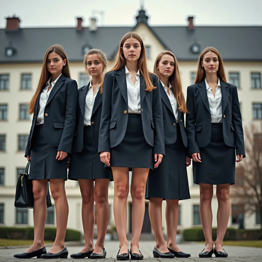 High resolution, (full frame 2,5), realistic skin textures,  Realistic photo, spontaneous, Very Young, age , Poland, 5girls, uczennice middle school,  full character, far shot,  business suit , skirt, głęboki dekolt , (ankle strap pins 1,5),  handbag on sh...