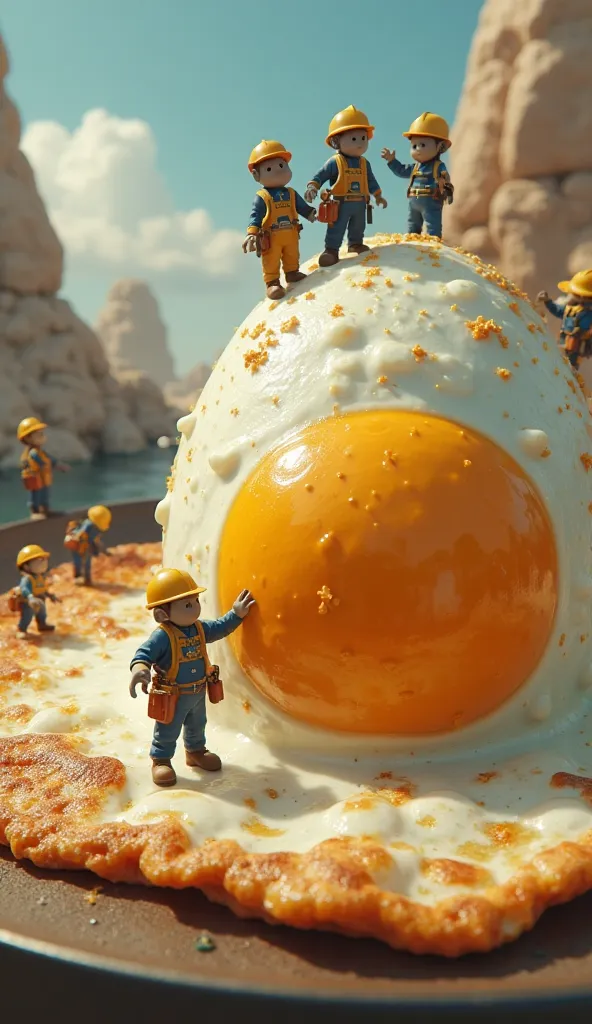 With the job done, the mini human workers climb onto the fried egg