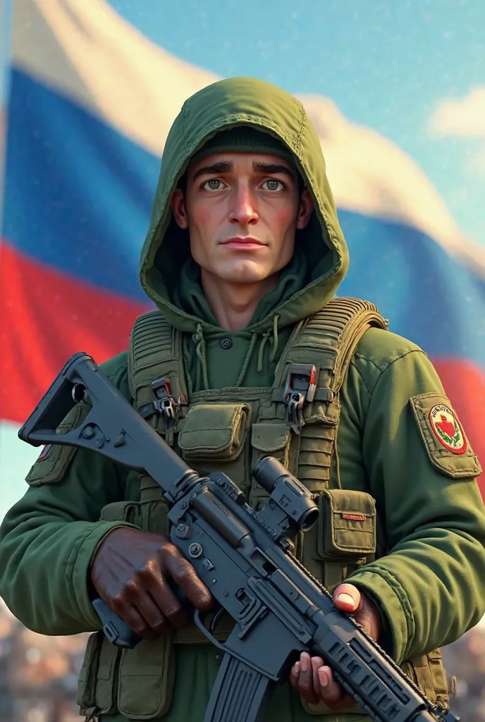 Make an animated cartoon soldier dressed in green with weapons and a bulletproof vest and with his face wearing a hood and the image say the blind man and a Russian flag in the back 