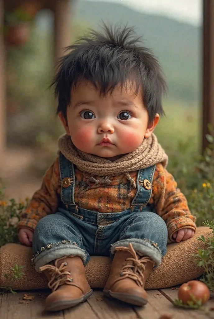 An indigenous  black-haired baby wearing a cawuntry outfit, a blue plaid shirt and jeans and ankle boots 