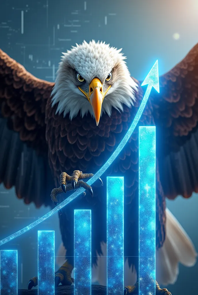 A majestic eagle with sharp talons firmly gripping an upward-trending financial chart. The chart is glowing blue with bold, rising bars, symbolizing financial growth, wealth, and strategic dominance. The eagle has an intense, focused gaze, representing con...