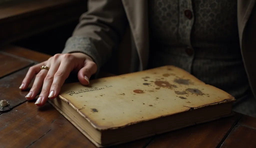 A close-up of an ancient, dusty book resting on a wooden table inside a dim library. The book’s yellowed cover is faded, cracked with age. In the lower corner, a handwritten note is barely visible: "Property of J. Harrington, Dept. of Medieval History, Bro...