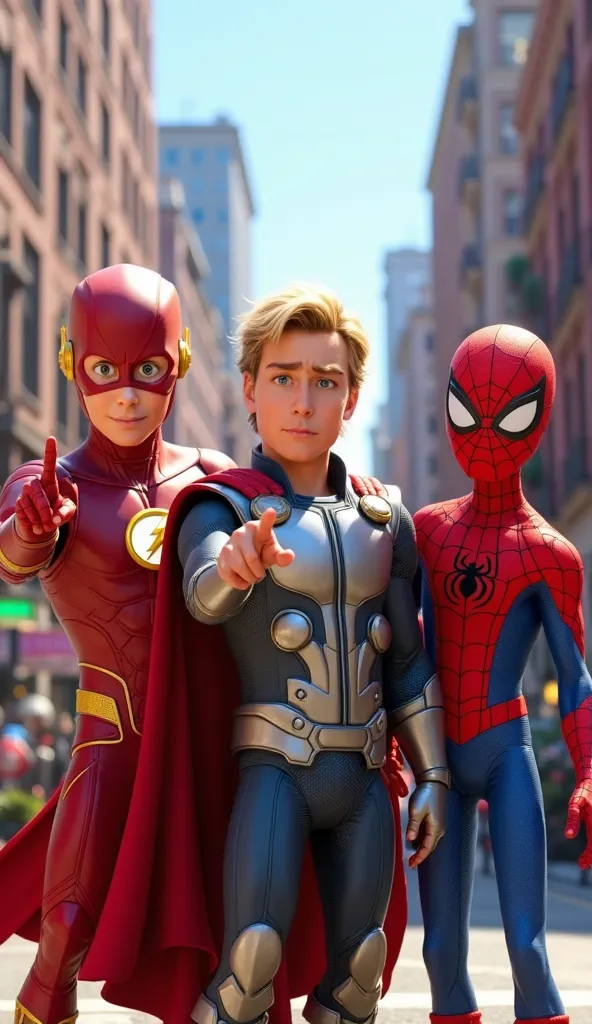 "A vibrant Pixar-style scene, featuring three superheroes on a busy city street, pointing at the camera with expressions of surprise or questioning. Left, Flash wears a red suit with gold details and a lightning emblem on his chest. Her aerodynamic helmet ...