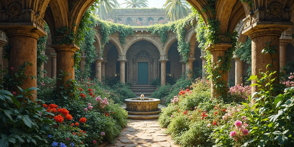 A royal garden hidden within an ancient palace, overflowing with exotic flowers.