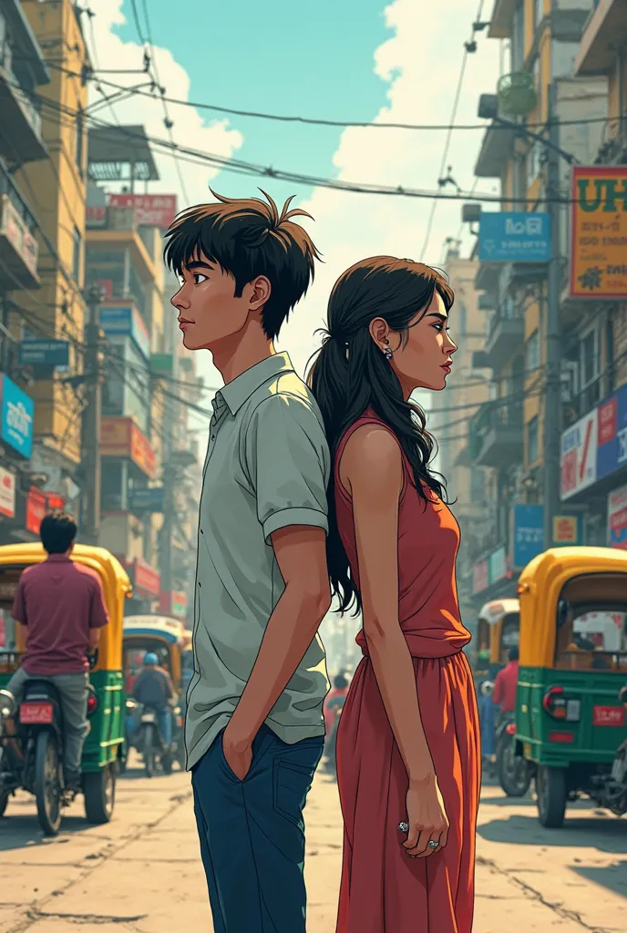 Man and woman showing back to each other standing in opposite directions. The background shoulld be a busy street of a mumbai. Make it anime style