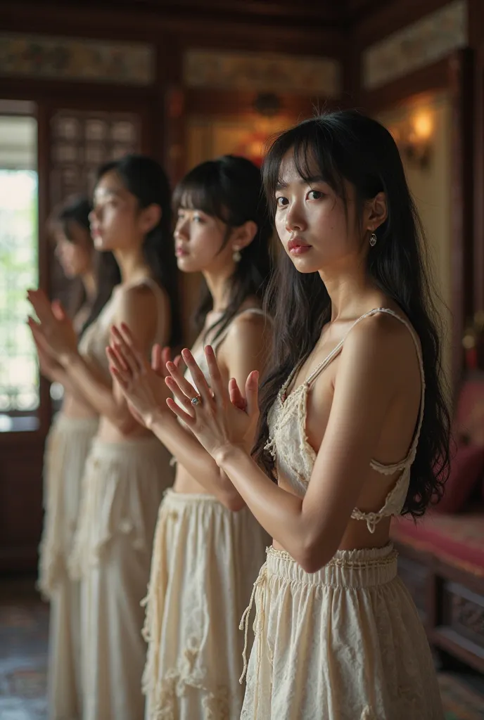 The background is the living room of an ancient Chinese luxury mansion. Three Japanese female slaves who just bought from the slave market looked ahead side by side and put their hands in front of them, Standing with a polite attitude and a nervous express...