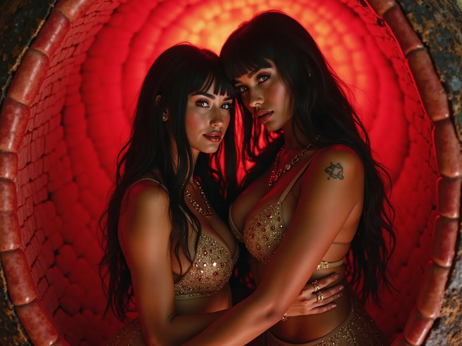 A cinematic high definition side angle shot of 2 women playfully cuddling together in a giant red stomach, in sweltering hot air. The women have dark brown skin, straight long hair with blunt bangs, green eyes. The women are wearing sexy mage lingerie with...