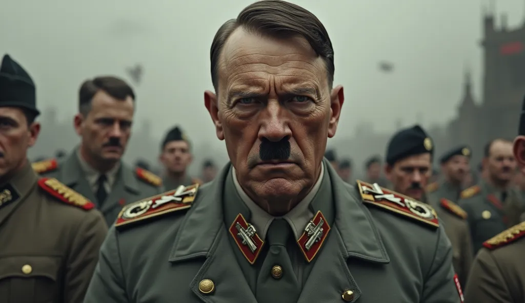 Give me a hyper realistic image of Adolf Hilter in his uniform being paranoid during the Hitler war of 1943. Perfect face