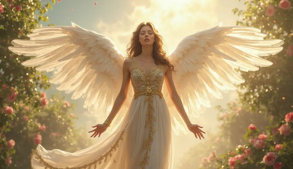 female angel, white wings, gold and white clothes, in a beautiful and heavenly garden