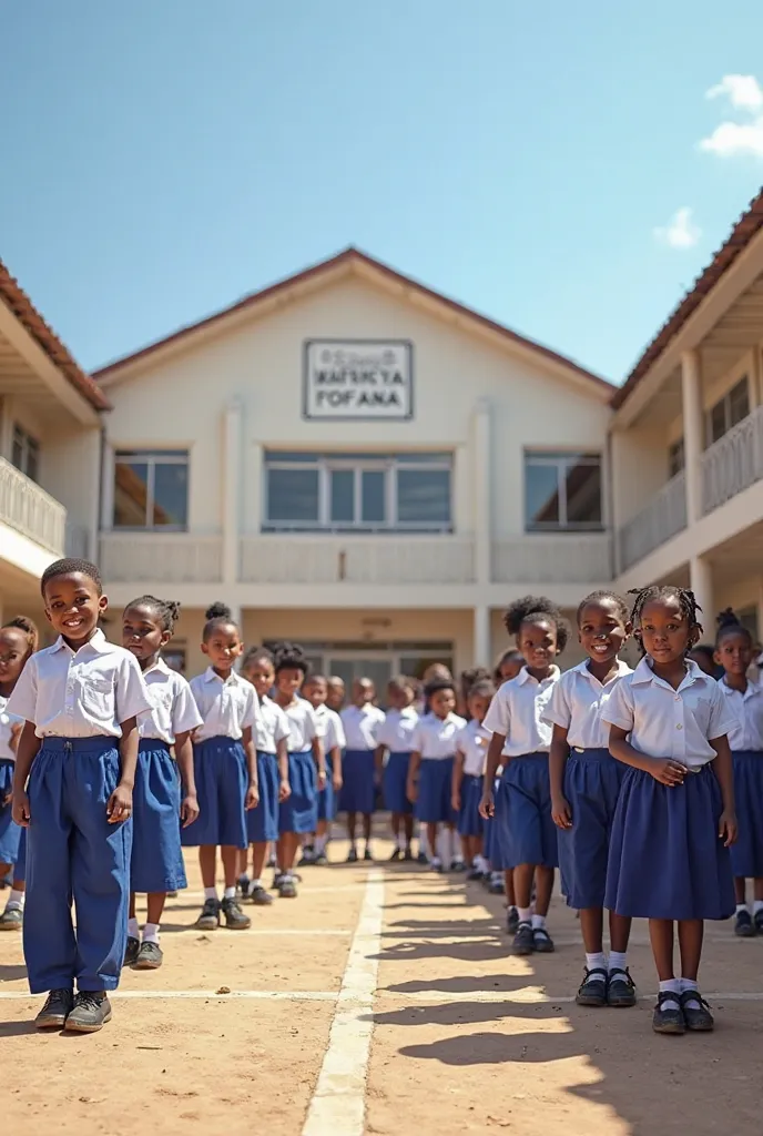 Une grande cour d'école propre, avec des élèves bien alignés en rang, garçons et filles, tous souriants. Les garçons portent une chemise blanche, un pantalon bleu (bleu couleur BIC), et des chaussures noires. Les filles portent une chemise blanche, une jup...