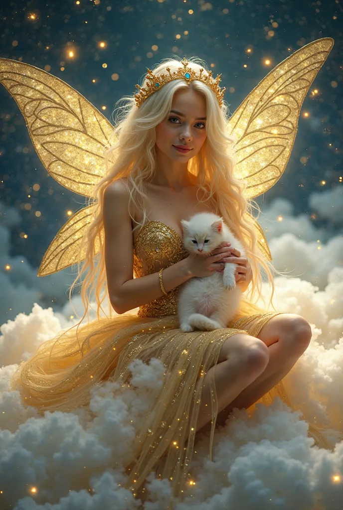 A whimsical fairy princess with large, shimmering golden wings sits on a fluffy cloud, surrounded by a starry night sky. She has long, flowing blonde hair and wears an elegant golden dress adorned with intricate patterns and sparkling gems. In her arms, sh...