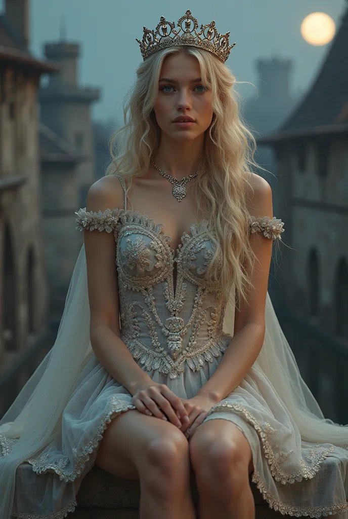 top-quality, high resolution, intricately detailed, masterpiece, RAW photography, photorealistic:1.5, a beautiful young European woman, (beautiful detailed face:1.6), cinderella heroine, outdoor, (with spread legs:1.5), (very short princess dress:1.2), nud...