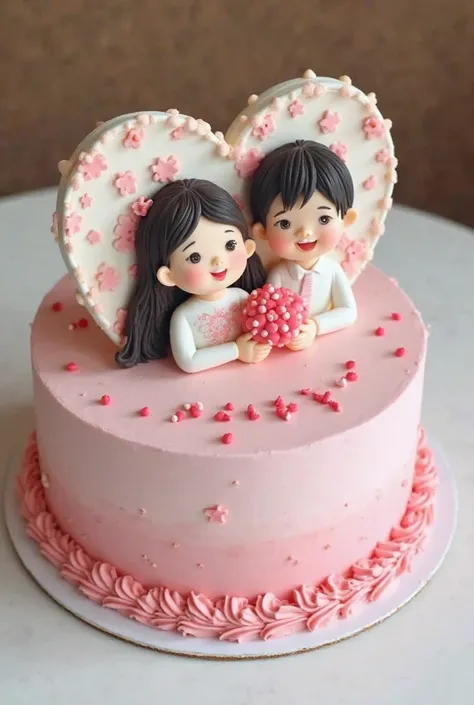 There’s a round cake decorated with icing only the boundary of the cake and the top surface of the cake is filled with the pasted 2D shaped which is edible printed Asian couple photo on the cake.  The height of the cake should be shown properly. The colour...