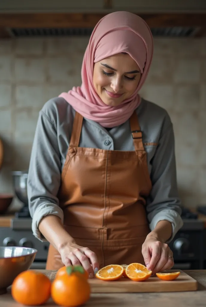 8k, Masterpiece, Top Quality, Close-up, low-angle, adult turke girl smile , wearing pink hijab, wearing chef grey uniform, wearing brown leather apron, wearing long white pencil skirt, kitchen, bowl, oranges, knife, cutting board, serious, downcast, casual...