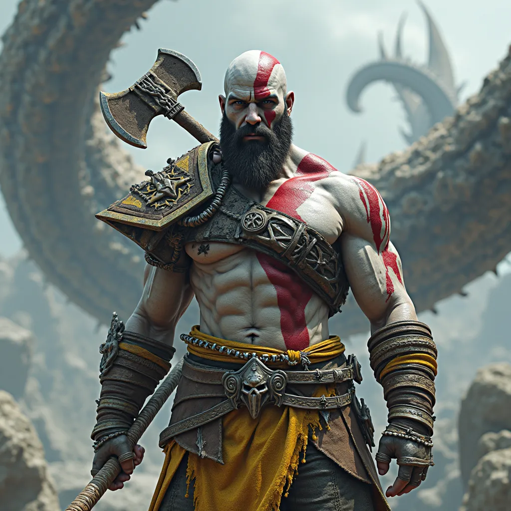 Kratos from the game God of War very strong with his classic armor with yellow details holding his axe Leviathan and in the background the serpent of the world Jörmungandr