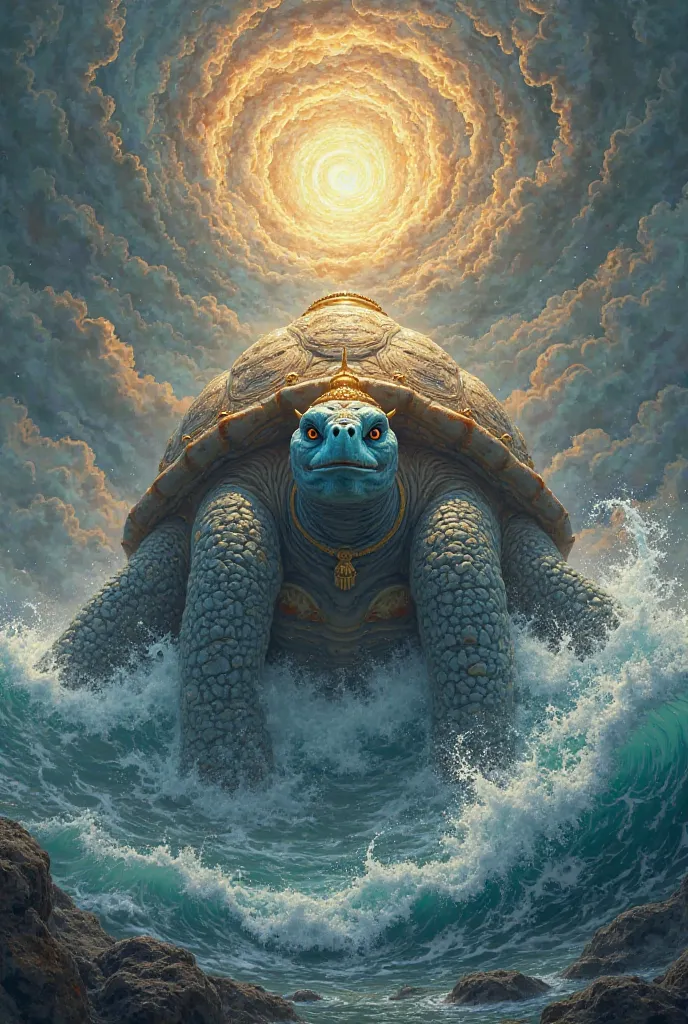 Lord Vishnu in his Kurma (giant tortoise) avatar beneath Mount Mandara, supporting it with his massive shell. Vishnu’s face is calm and divine, with a golden crown and blue complexion glowing with soft light. His shell has intricate patterns, and ocean wav...