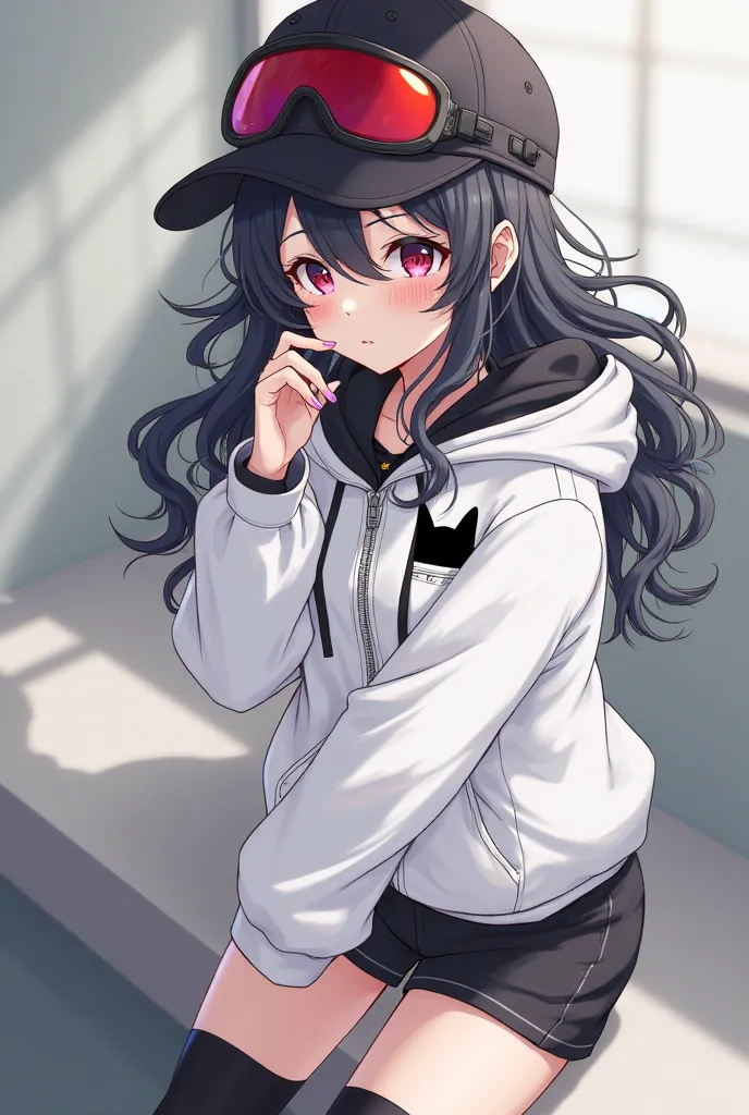 female anime,  with wavy black hair, a black cap with its red visor, fair skin, a white diver with a black cat pocket, black shorts and high socks for a black cat