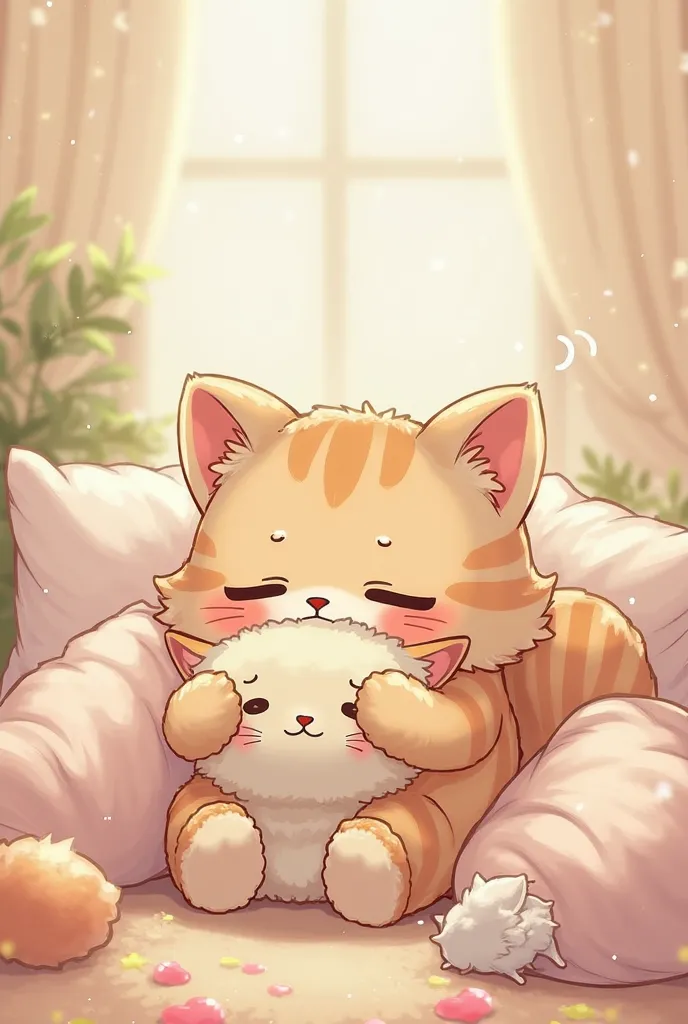 cute catboy hugging a plushie