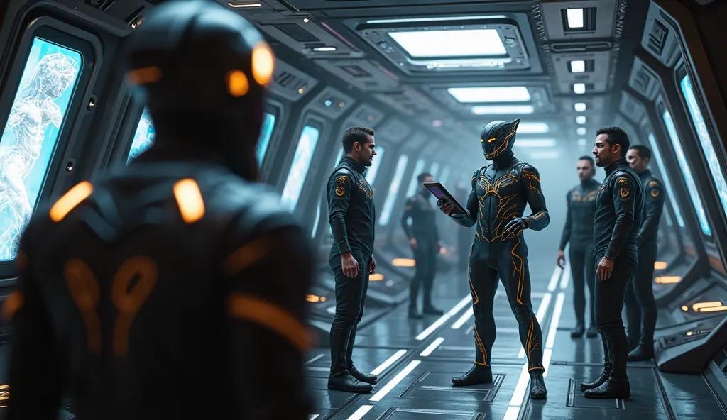 Create a detailed cinematic 8K-quality image rendered in the style of Unreal Engine 5. The scene is set in a futuristic sci-fi hall aboard a spaceship, crafted with sleek black metal and lined with advanced screens and holographic displays. The camera is p...