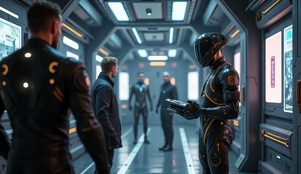 Create a detailed cinematic 8K-quality image rendered in the style of Unreal Engine 5. The scene is set in a futuristic sci-fi hall aboard a spaceship, crafted with sleek black metal and lined with advanced screens and holographic displays. The camera is p...