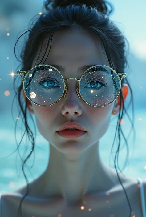 The model is wearing glass sunglasses with stars and the moon on the glass