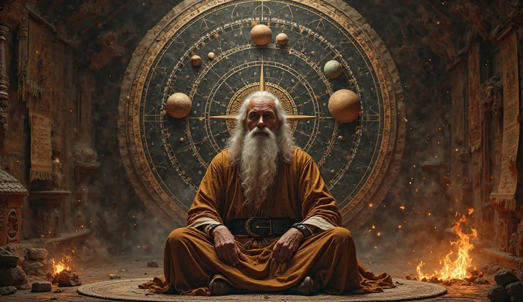 A wise sage, dressed in ancient robes, sits in a dimly lit chamber filled with celestial charts, glowing scrolls, and mystical artifacts. His eyes are closed in deep meditation, and a flickering fire casts shadows on his face. A massive astrolabe behind hi...