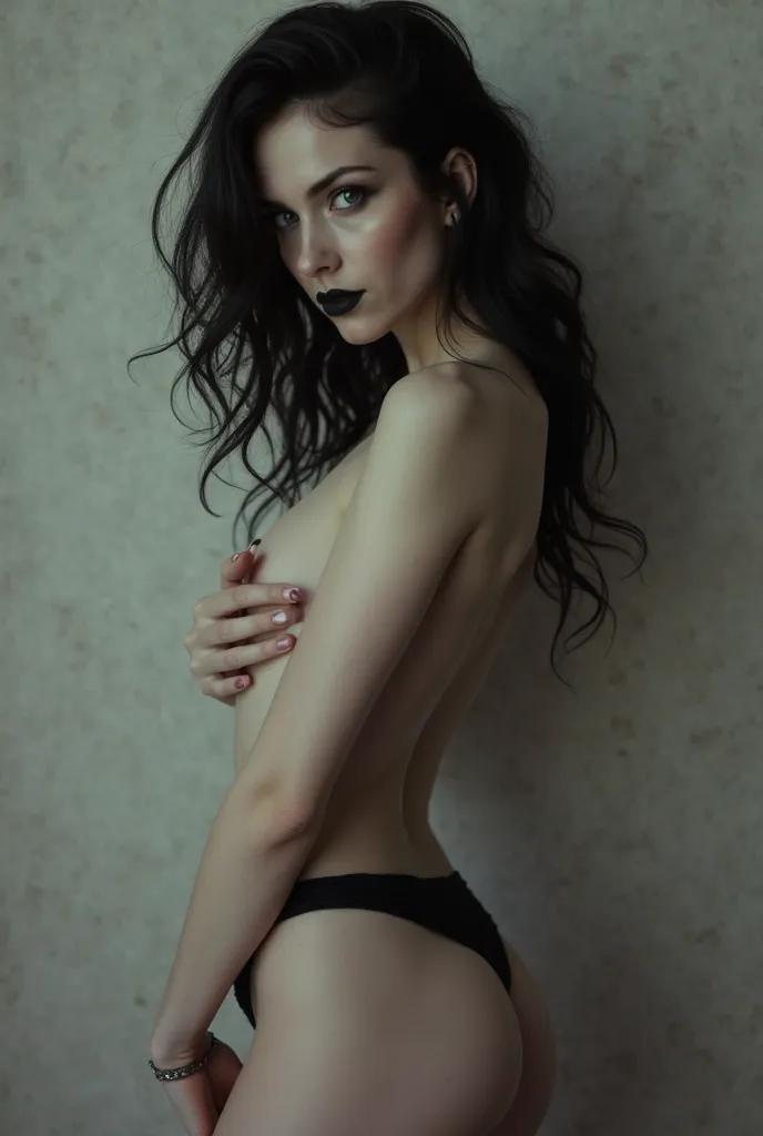 Sexy goth girl with dark hair and totally naked black lipstick and white skin pointing her anus at the center of the image in a sexy way she should have her back tilted forward showing her private parts as required leave her tilted down with her ass pointe...