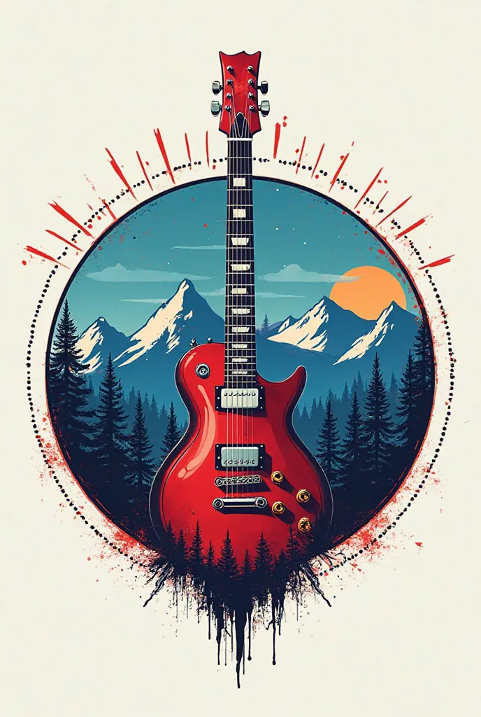 Logo of an event called Real Grooveyard. Inspired by music and the mountains of Northern Portugal. Rock and modern inspiration. Round and based on blue and red. Add an electric guitar incorporated into one of the lyrics