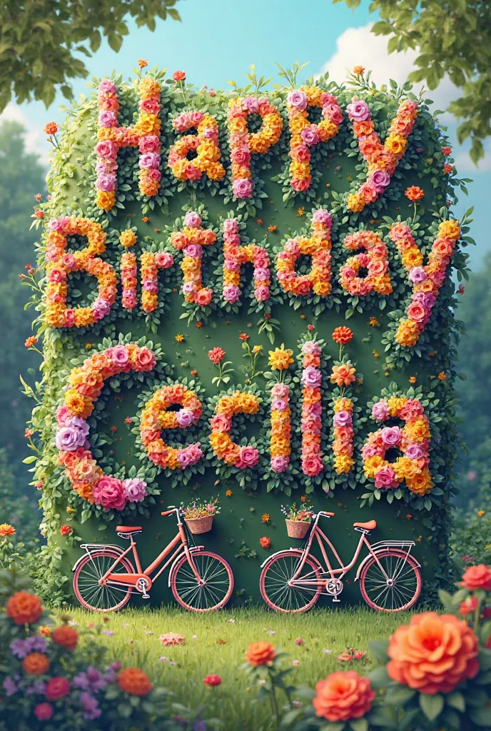 Write Happy Birthday Cecilia with letters made up of flowers and bicycles 