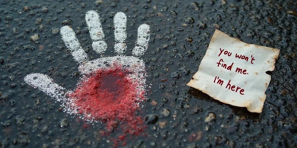 . A close-up of a shaking hand drawn in white chalk on a rain-soaked asphalt floor, surrounded by a small pool of bright red blood. في الخلفية، هناك ضوء أزرق وأحمر من سيارة شرطة ينعكس على الأرض، مما يعطي إحساسًا بوصول المحققين بعد فوات الorان. . Next to th...