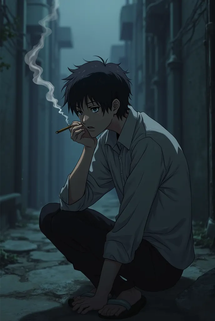 Anime sad man crying and smoking