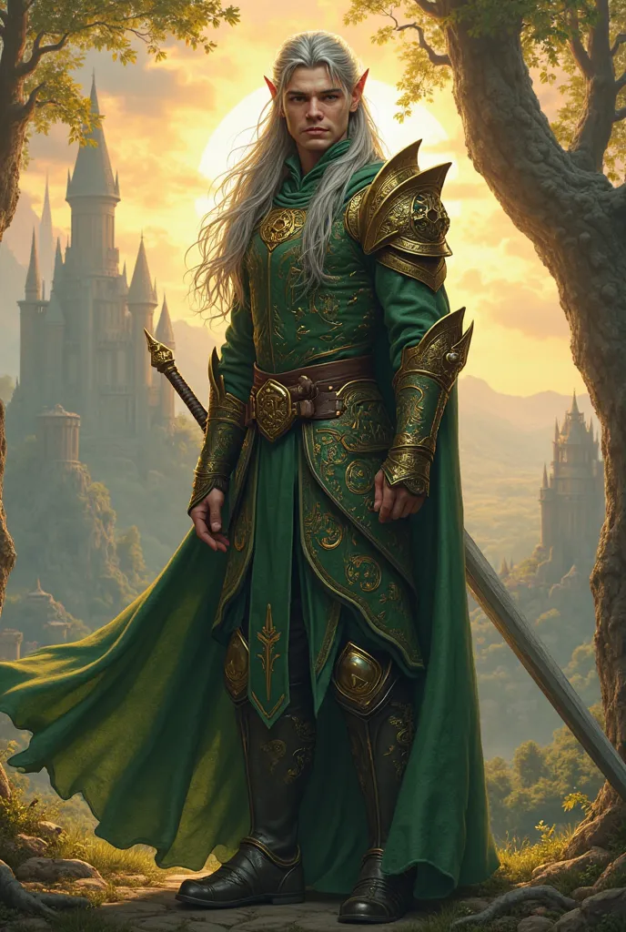 Full-length portrait of a young elf man with grey long hair, combed back against the backdrop of beautiful landscapes of elven lands, giant trees and ancient magic towers, illuminated by the dawn sun. He is wearing elegant green armor, decorated with gold ...