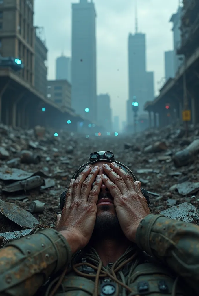 POV view, ultra-realistic, first-person perspective of someone waking up in a post-apocalyptic future. You see your dirty hands covering your face, lying on metallic rubble, surrounded by broken machines and flickering blue lights. Skyscrapers in ruins in ...