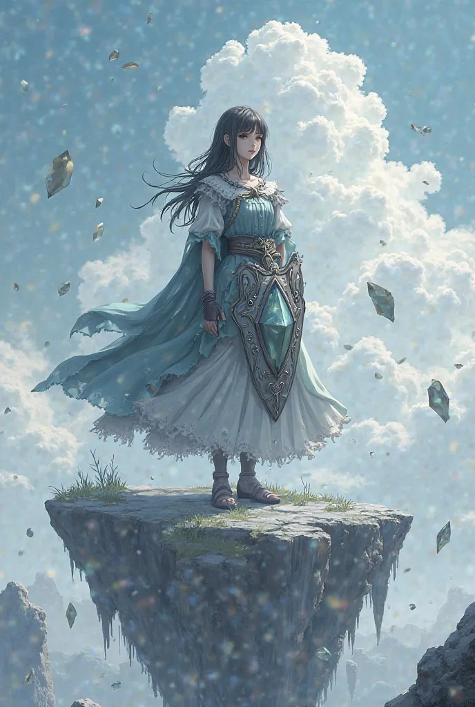 Create a picture of the anime world. A girl in a gray world wears a hybrid shield between fantasy and a ager with a shiny gray crystal. She is on a small rocky island floating like the rest of the islands around her. Small and small broken crystal mirrors ...