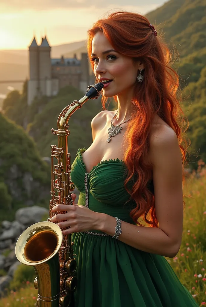 A fantasy, beautiful girl playing the saxophone , Ela está nota, she has (BIG big boobs and long red hair, ((not)), she's wearing emeralds and silver jewelry,  there's an Irish castle in the background , she's the most beautiful woman in the world,   with ...