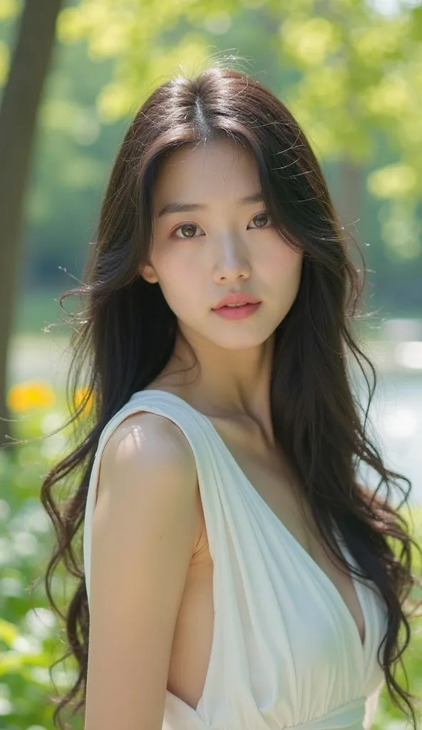 Create an image of a Korean woman with long, flowing black hair that cascades down her shoulders and back. She has a serene expression, showcasing bright brown eyes that exude warmth and confidence. The scene is set in a lush, green park during spring, wit...