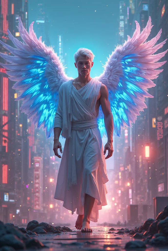 Close-up of an improved masterpiece :1.5) Isometric view of a cybernetic city , With neon lights, Big Blue Flaming Fire Wings, huge wings, wings full of feathers, full body photograph Full body front photograph , standing ,A man with a beautiful muscular b...