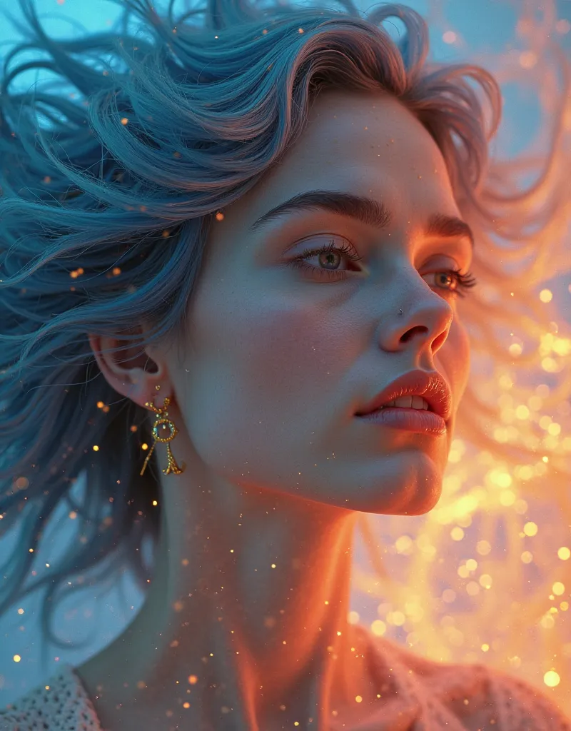 

"Extreme close-up POV shot of a woman with blue-pink ombré hair wearing a majestic cold-shoulder top with short sleeves and V-neck. A golden ring adorns her finger as supernatural earth particles interact with her hair, creating swirling patterns that de...