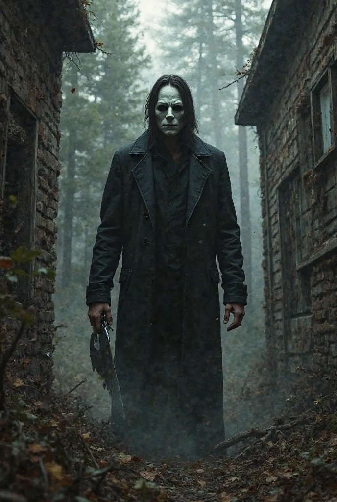 create a character of Jack Slicer dressed in a black jacket and black pants has dark brown hair and a scary white full face mask holding a pizza cutter in an old house in a coniferous forest 