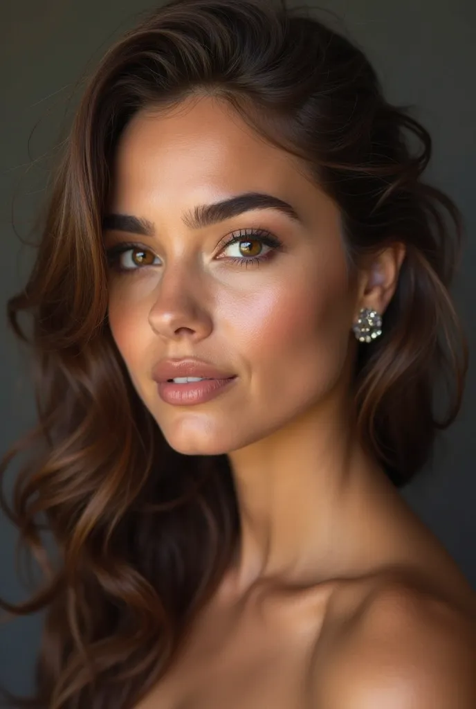 Un portrait réaliste d'une femme brune d'origine latine avec un visage magnifique. Elle a de grands yeux expressifs, des cils longs et épais, et un regard captivant. Ses traits sont bien définis, avec une peau lisse et lumineuse, des lèvres pulpeuses et un...