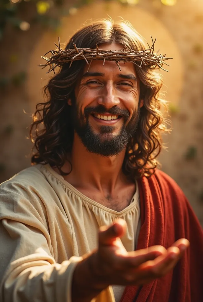 "Jesus Christ wearing a crown of thorns, with a warm and gentle smile on Your face ,  extending your hand as if inviting or calling.  Your expression is filled with love and kindness ,  radiating a welcoming and compassionate presence .  The background is ...