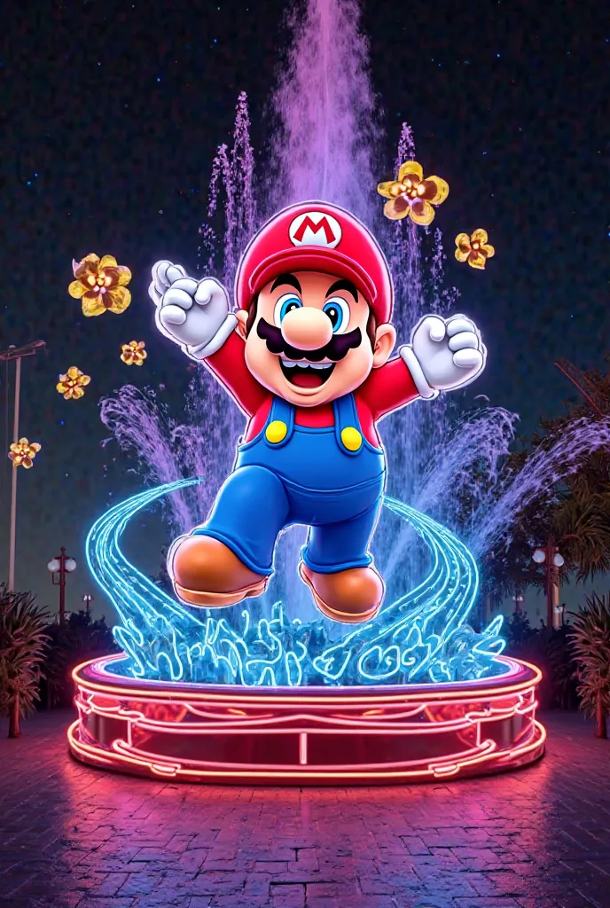 Luminous sign with the Mario Bross fountain that shows super miniolla with its colors and underneath that places Machado Jimenez attractions