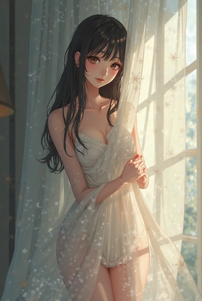 A 18 year old girl with her body covered with the curtains in anime design