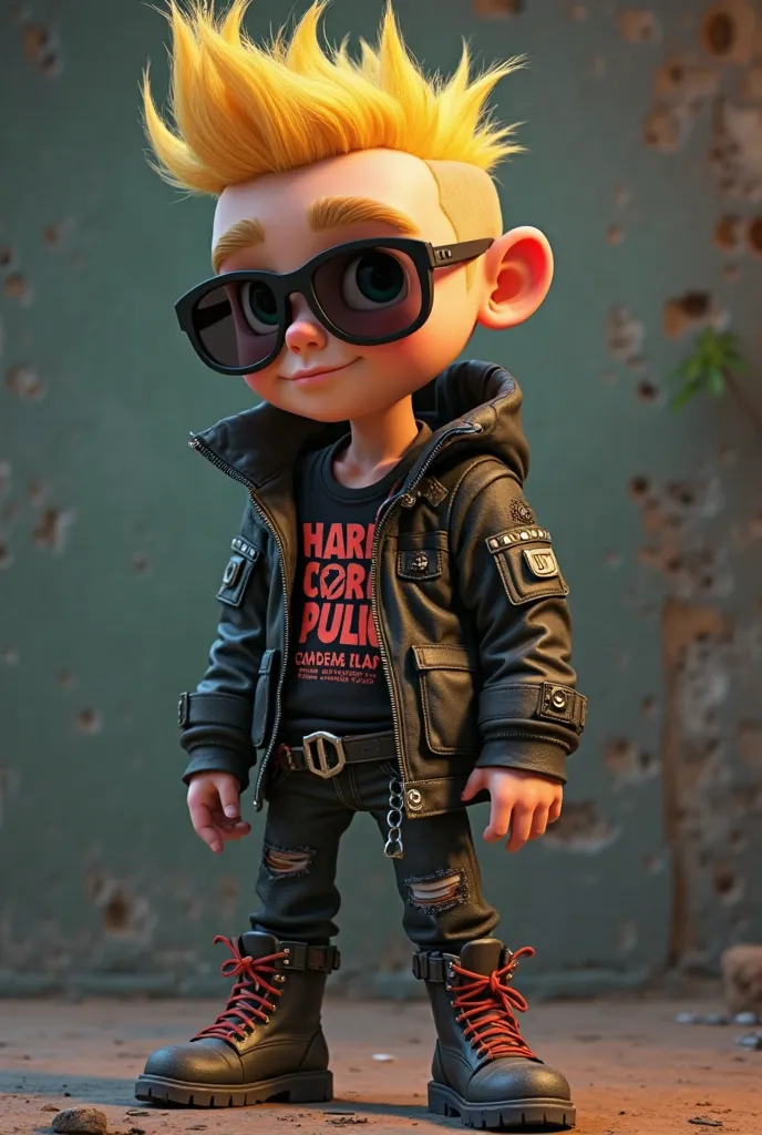 It is an animated character ,  Man 40 years old , He wears a rockera leather jacket, style 3d, Pixar, It's Punk, style wears a blonde punk crest,  is wearing military boots , The character is black, looks misaligned, dirty, He's wearing a t-shirt that says...