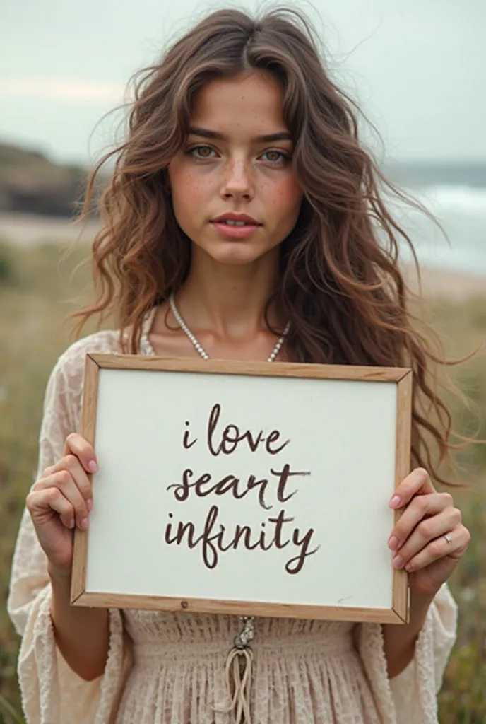 Beautiful girl with wavy long hair, bohemian dress, holding a white board with text "I Love Seaart Infinity" and showing it to the viewer